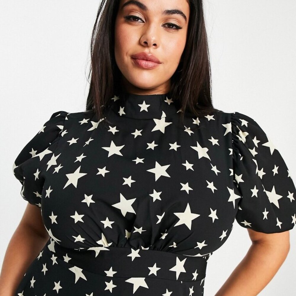ASOS John Zack puff sleeve midi dress with open back bow in black star print - Picture 2 of 4